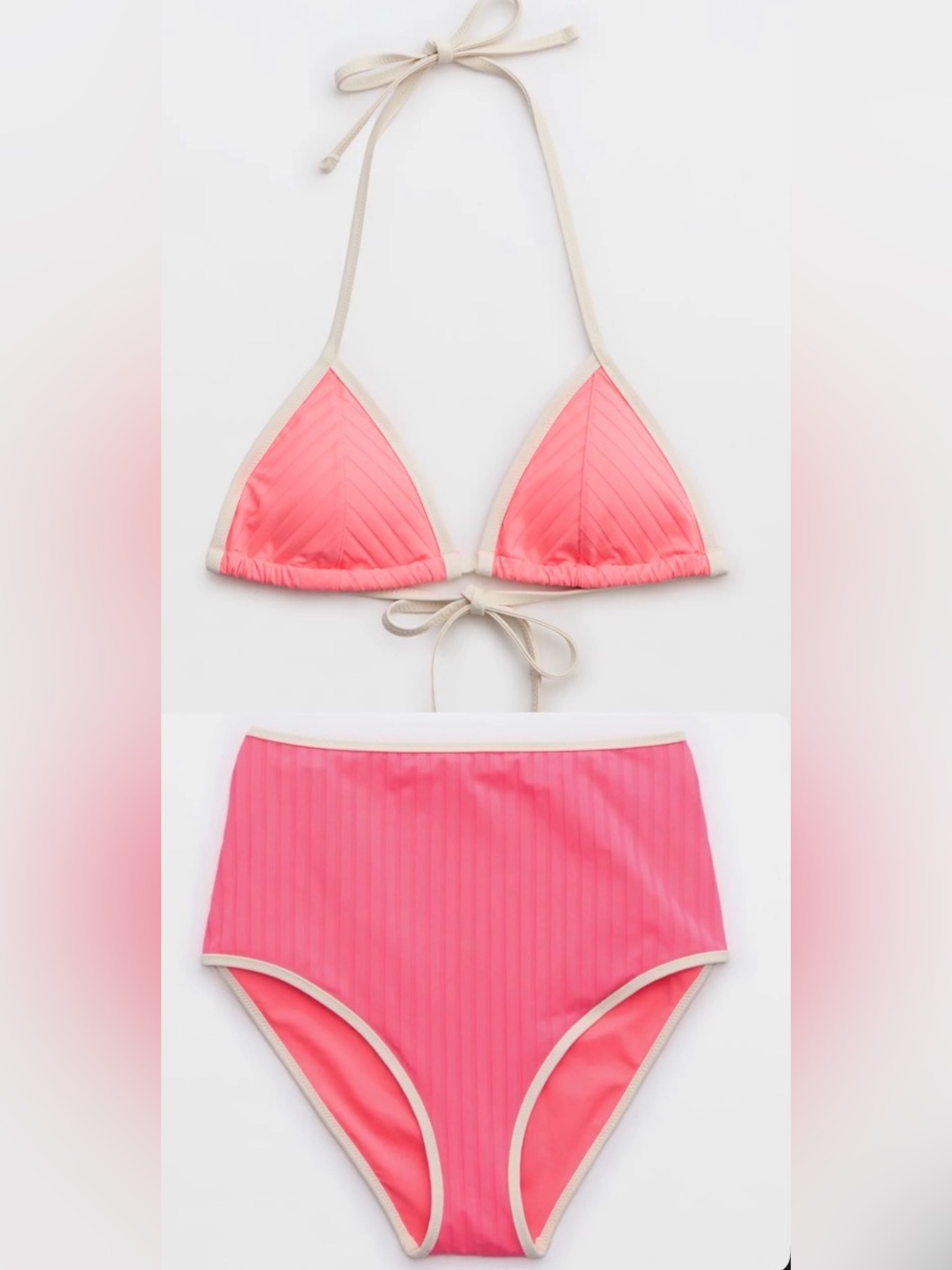 NWT Aerie FULL SET Wide Rib String Triangle Top + High Waist Bottom Pink - Sz S